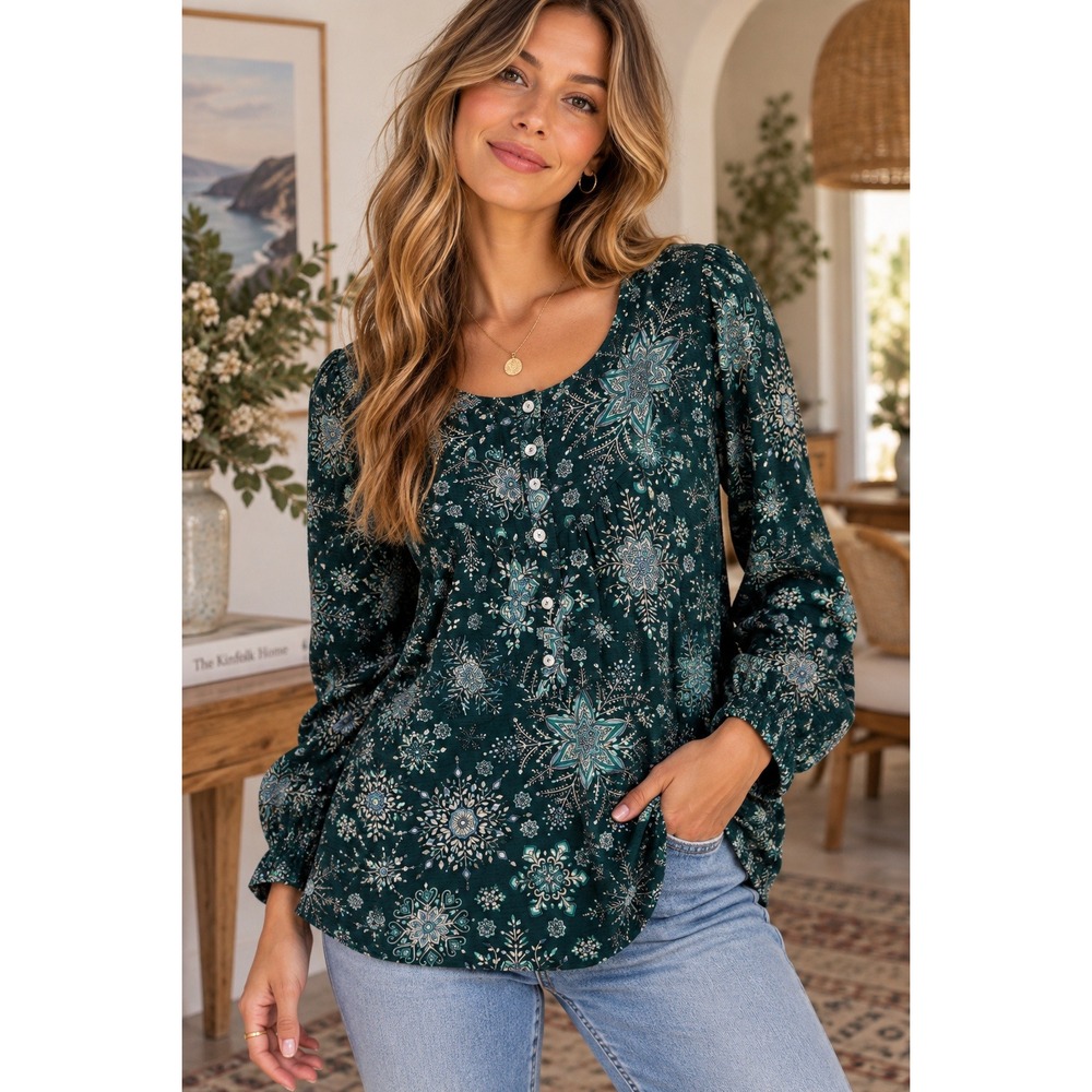 J Jill Blouse Womens Small Green Snowflake Winter Holiday Boho